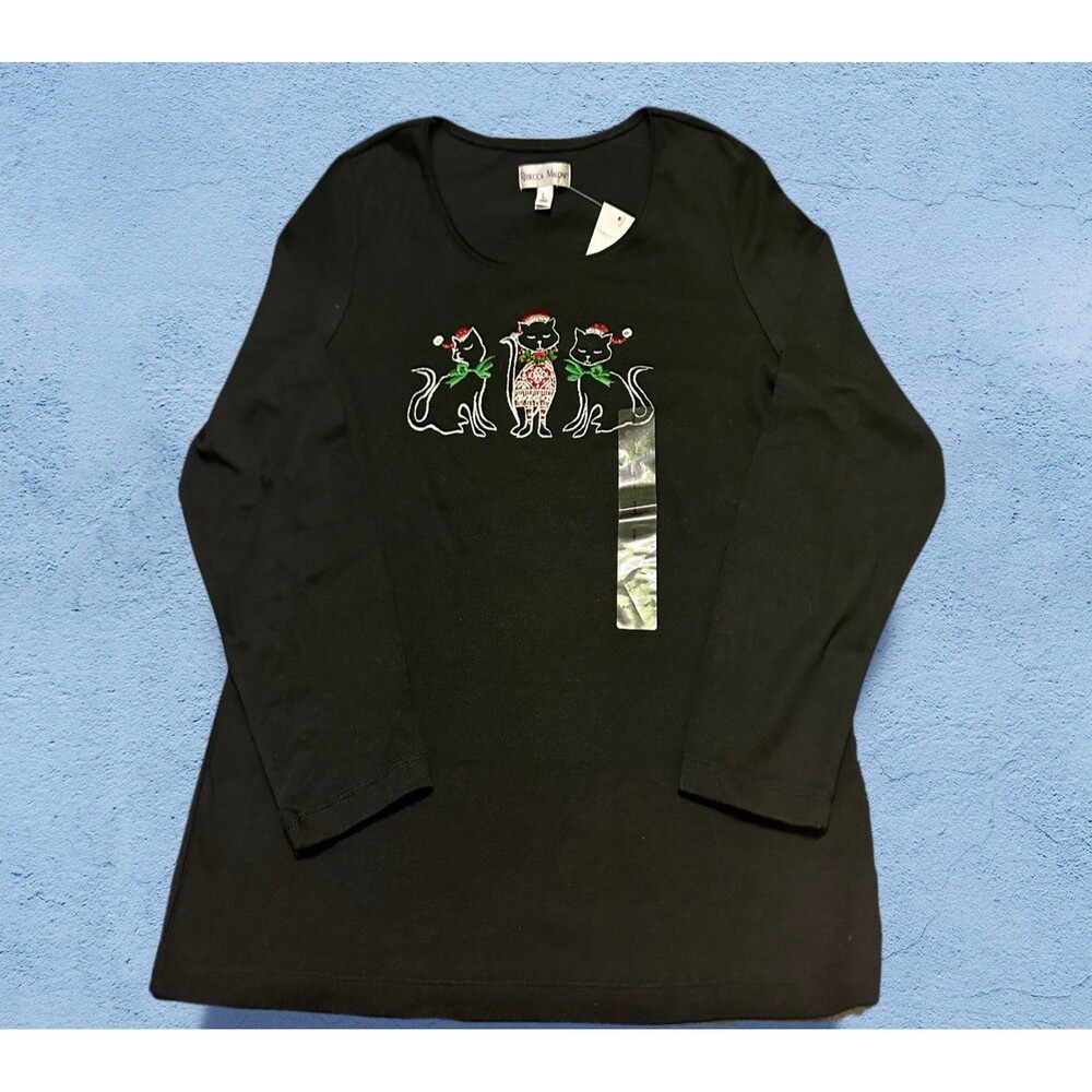 Rebecca Malone Black Long-Sleeve Top with Festive Cat Embroidery L